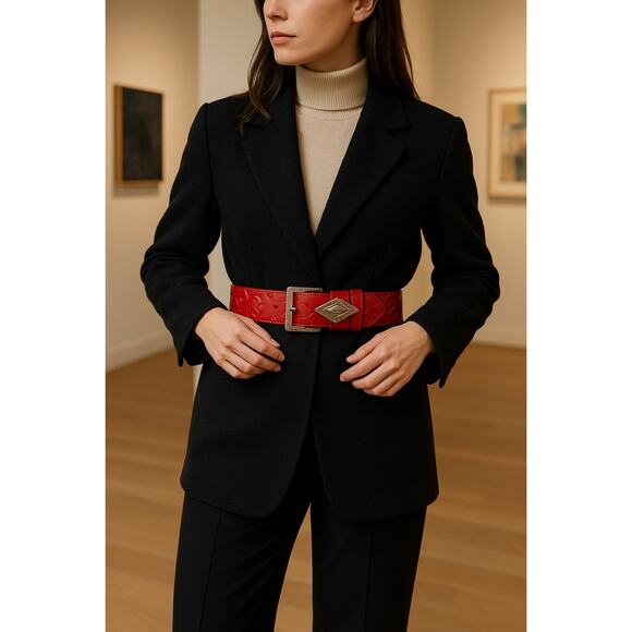 Vintage French Red Tooled Leather Belt w/ Sculptural Silver Buckle & Keeper 80s - Picture 4 of 14